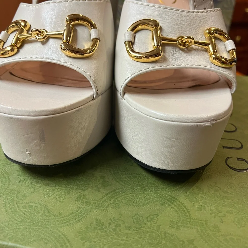 Gucci Horsebit White Platform Sandals with Gold Accents size 41 - Picture 8 of 8